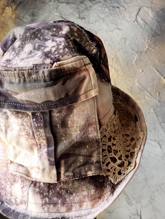 Avant-Garde Top Hat Designer Turtle Patched Raw Upcycled Denim Gold Lace Shell main image 5